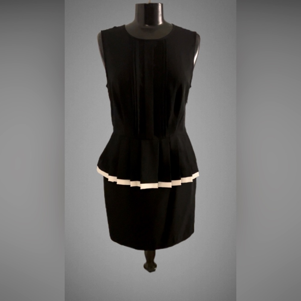 Black pleated pencil skirt with white trim.